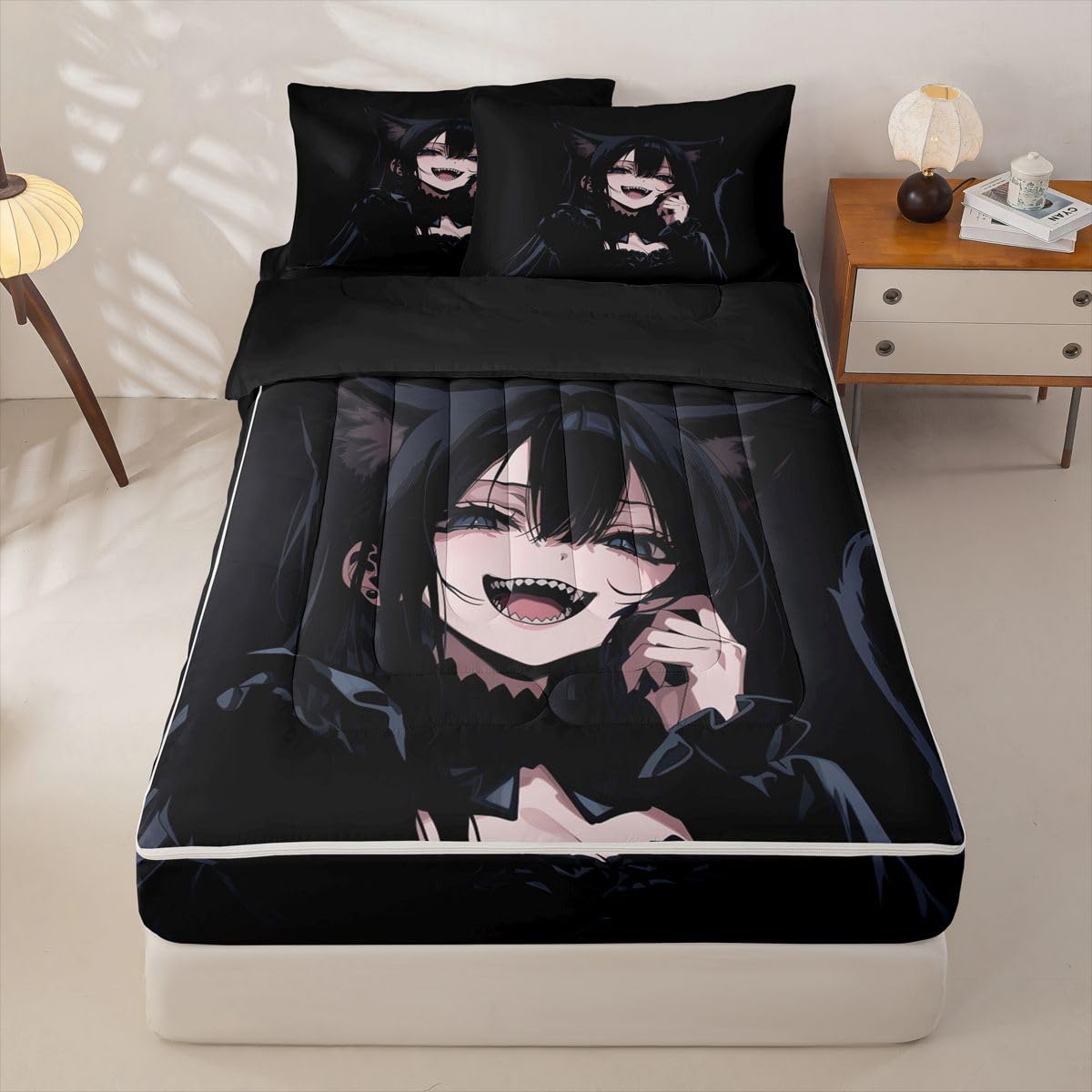 Erosebridal Anime Girl Zipper Bedding Twin Size, 3D Japanese Kids Comforter Set - Gothic Style Cat Girls Zip Up Comforter Bed in A Bag