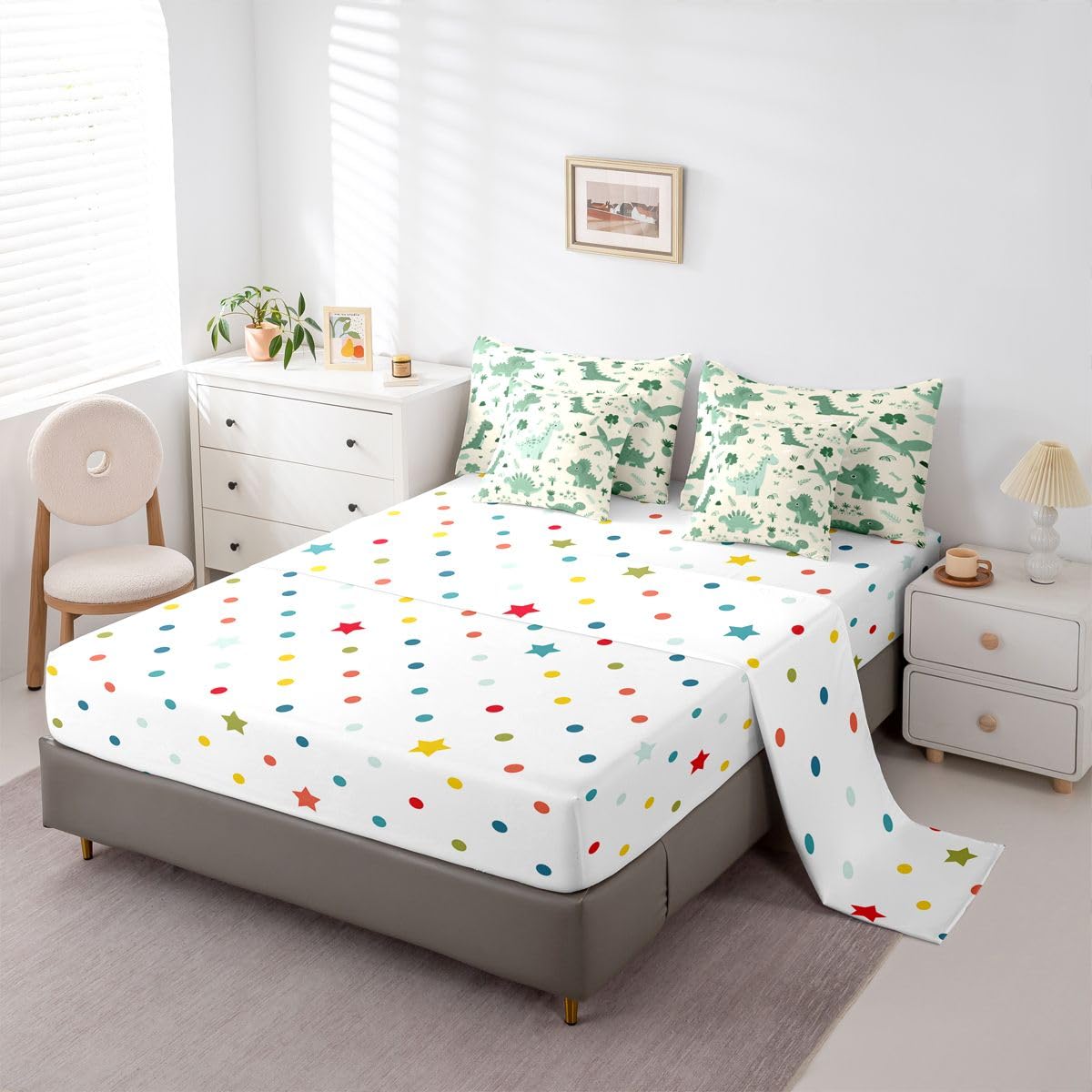 Feelyou Kids Cute Dinosaur Full Comforter Set with Sheets for Kids Boys Girls Boys Green Dinosaur 7 Pieces Bedding Set Cartoon Cute Animal Bed in a Bag Room Decor Soft Lightweight Microfiber