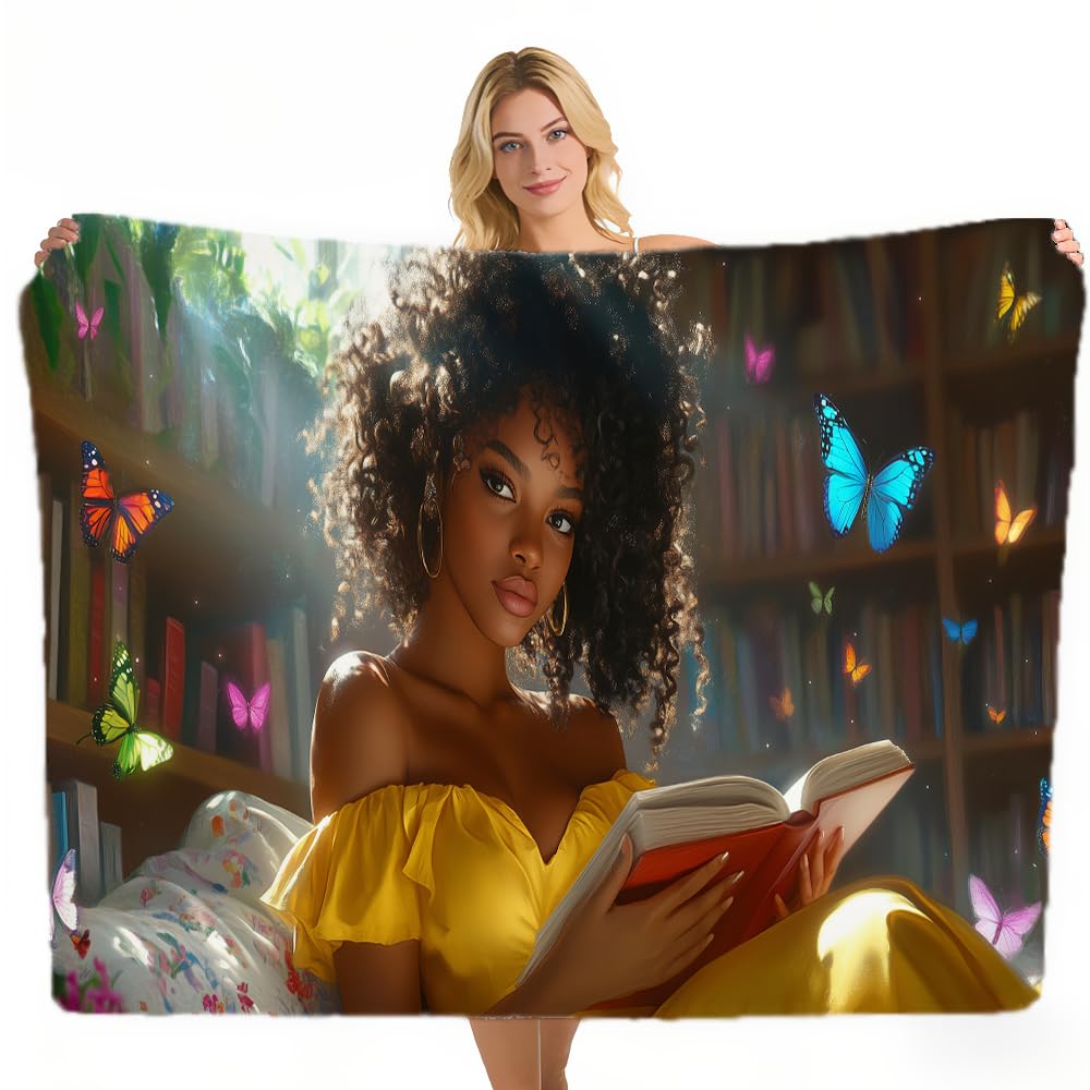 ZHOUSHUTONG Black Woman Reading Book Flannel Throw Blanket Cozy Warm Colorful Book Butterfly Blankets Lightweight Fuzzy Soft African American Girl Flannel Blanket for Couch Bed Sofa Girls 49"x59"