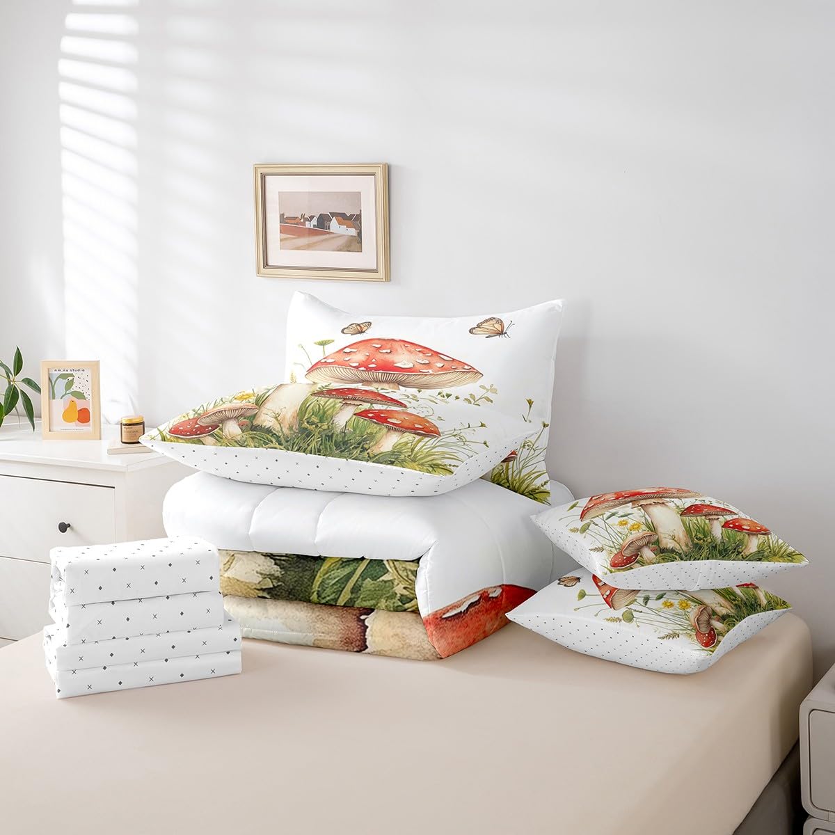 Erosebridal Red Mushroom Comforter Set King Size,Cartoon Fungus Bedding Set for Kids Teens,Flying Butterflies (Comforter+Fitted+Flat Sheet+2 Pillowcases+2 Throw Pillow Covers) 7 Pieces Bed Set