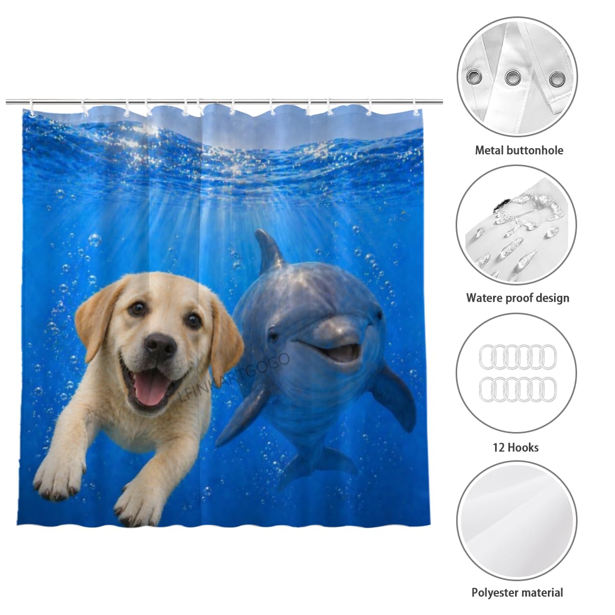 LFINKARTGOGO Ocean Labrador Retriever Shower Curtain 72x72 with 12 Hooks Underwater Animal Dolphin Waterproof Washable Polyester Bath Curtain for Home Hotel Decor