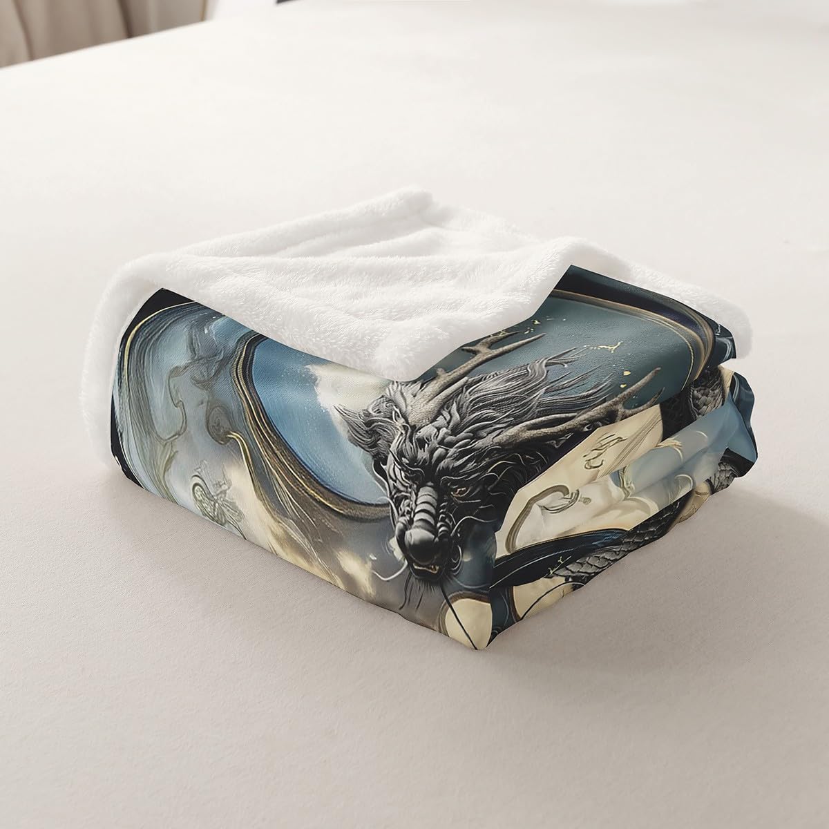 Erosebridal Dragon Sherpa Blanket Japanese Ukiyoe Throw Blanket Exotic Animal Baby 30"X40" Ancient Loong Phoenix Fleece Blanket for Boys Teen Bedroom, Yin Yang Fuzzy Blanket Bed Couch
