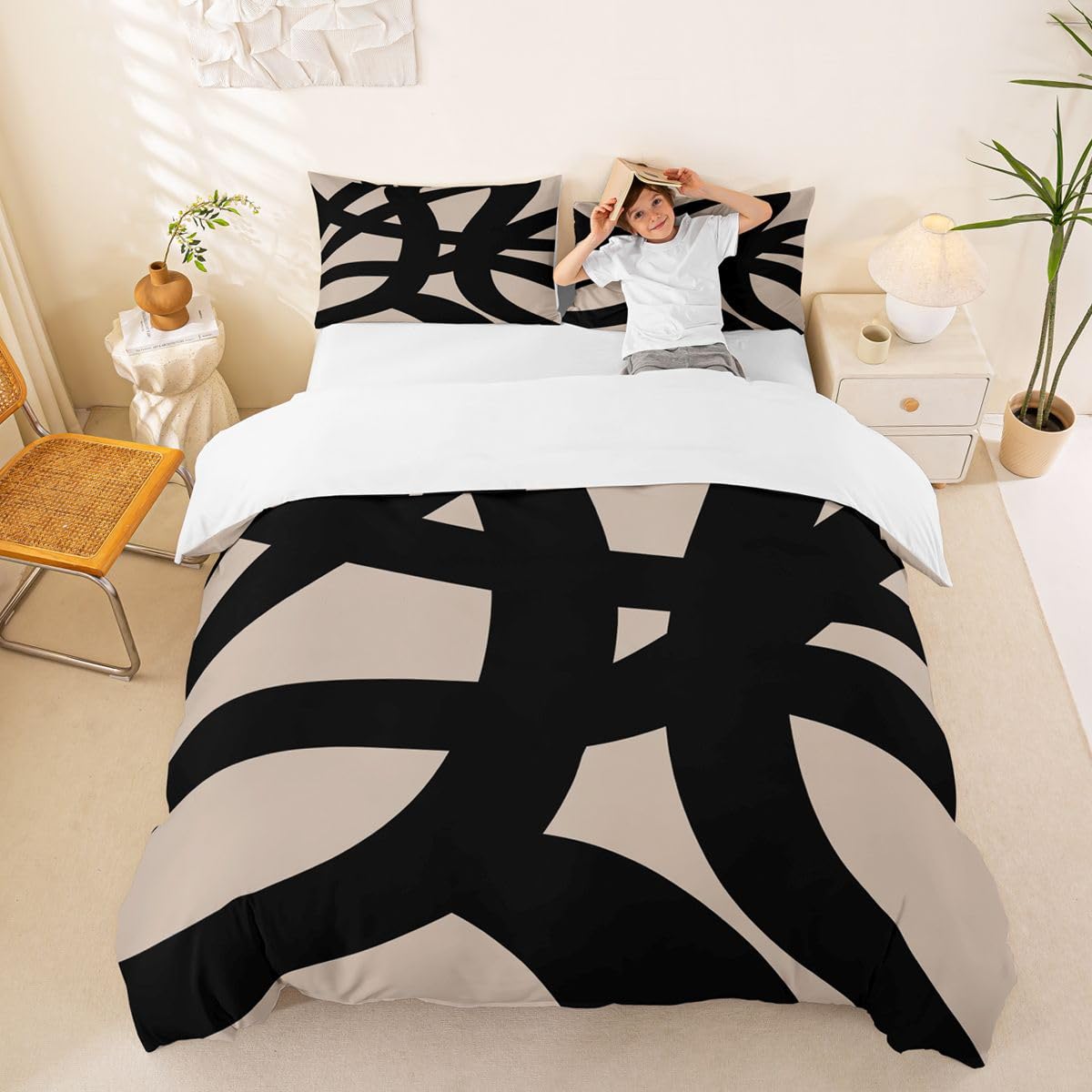 jejeloiu Black and Beige Bedding Set King Size Geometric Modern Comforter Cover Set for Kids Teens Adults Abstract Neutral Art Duvet Cover Abstarct Art Room Decorations 3Pcs with 2 Pillow Cases