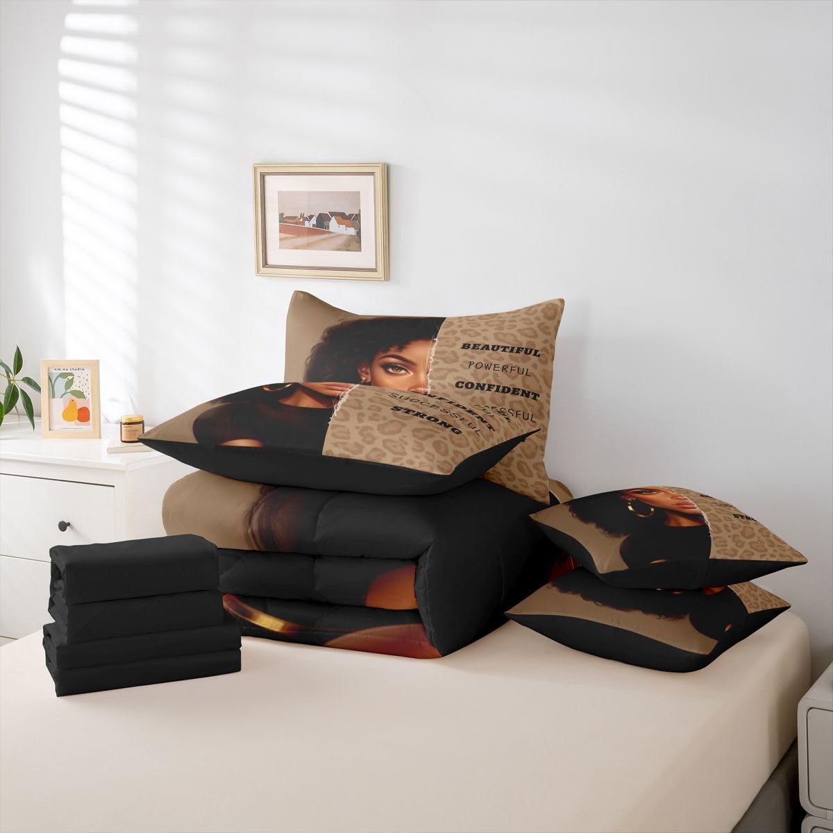 Erosebridal Aesthetic Black Girls Queen Bedding Set Fashion Leopard Print Comforter Set with Flat and Fitted Sheet Modern Cheetah Girl 7-Piece Bed in a Bag Women Empowering Words Art Quilt Sets