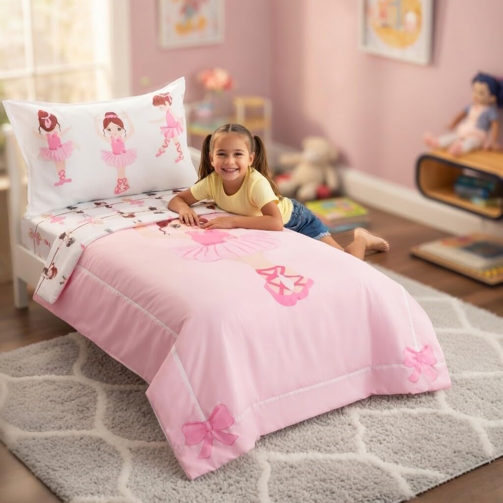 EVERYDAY KIDS 4 Piece Toddler Bedding Set -Born to Dance Ballerina- Includes Comforter, Flat Sheet, Fitted Sheet and Reversible Pillowcase