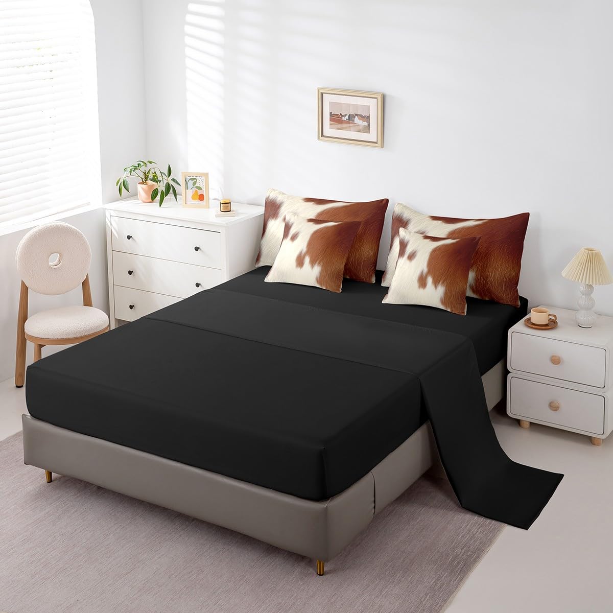 Erosebridal Cowhide Comforter Set King Size for Boys Farm Animal Fur Bedding Set 7 Piece Cute Cow Print Bed in A Bag for Kids Teens Youth Women Room Farmhouse Wildlife Skin Sheets, Breathable
