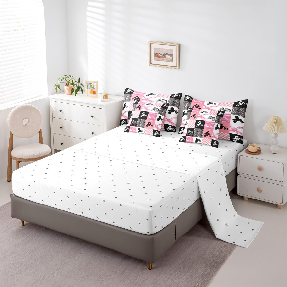 Erosebridal Motocross Twin Comforter Set 7 Pieces, Dirt Bike Bed in A Bag, Motorcycle Rider Bedding Set with Comforters, Sheets, Pillowcases Motorbike Extreme Sport Game Bedroom Decor