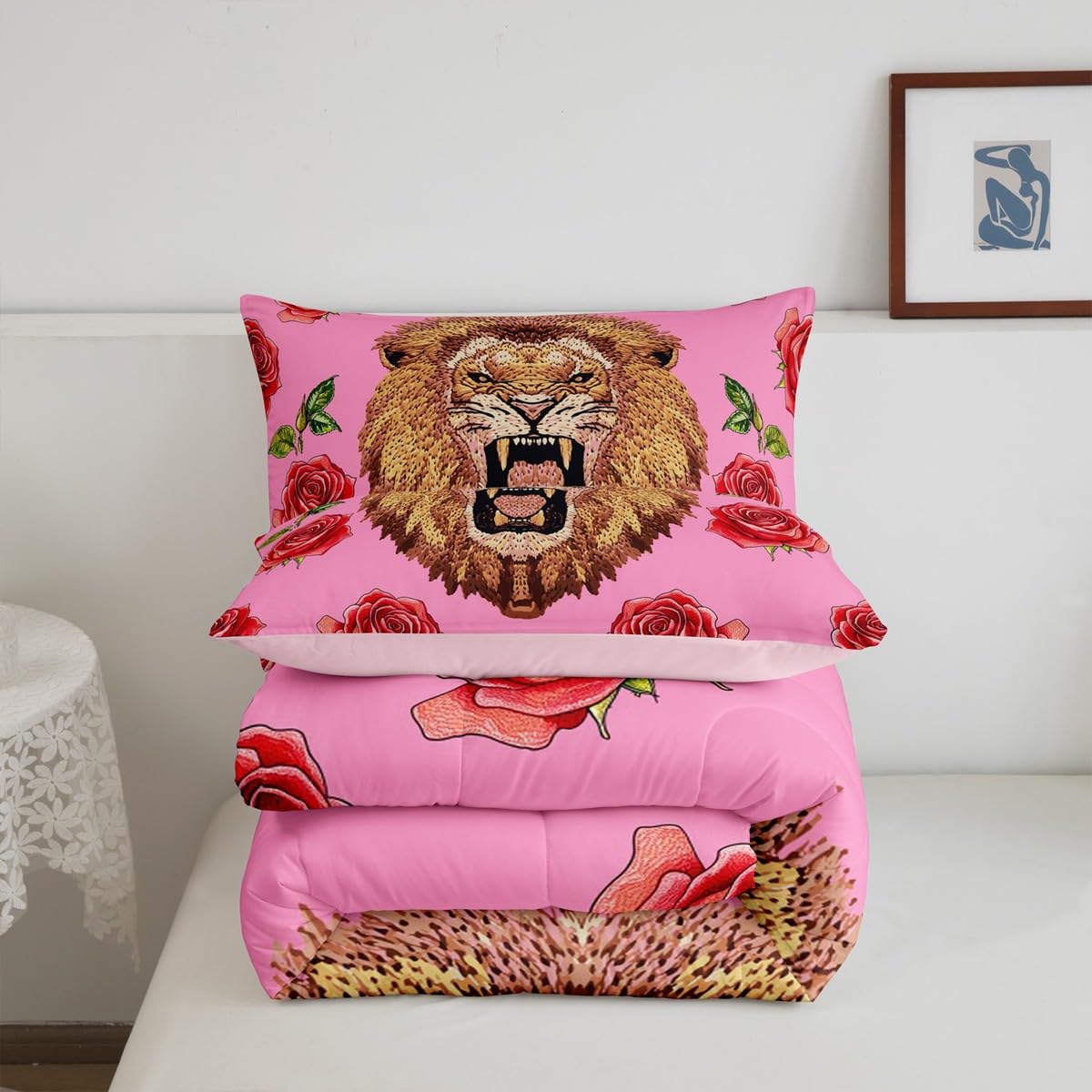 Erosebridal Lion Roses Comforter Set Twin Size Wild Flowers Bedding Set for Kids Girls BoysSafari Animal Comforter Pink Garden Farm Quilt Bedroom Decor