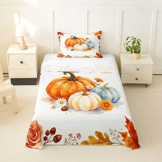 Erosebridal Fall Pumpkin Bed Sheets Twin Size Watercolor Acorn Berry Sheet Set Teens Adults Daisy Rose Maple Leaf Bedding Set Soft Harvest Thanksgiving Sheets