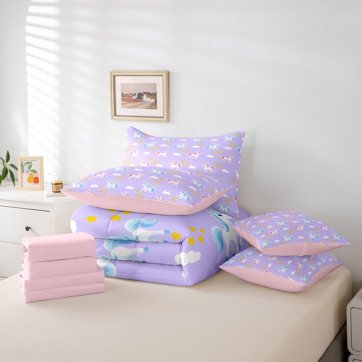 Erosebridal Pink Unicorn 7 Piece Bedding Set King Girly Comforter Set with Sheets Girls Stars Cloud Cute Blue Unicorn Bed in a Bag Princess Purple Dreamy Kawaii for Kids Boys Girls