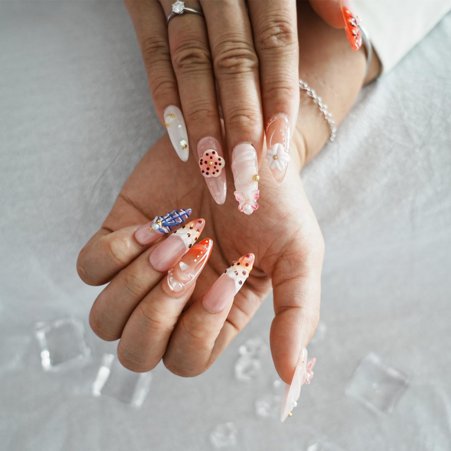 Tesytto Tropical Flower Press On Nails Long Almond, 3D Floral French Tip with Butterfly Design, Glossy Summer Fake Nails, Reusable Full Cover Acrylic Nails for Women (Tropical Flair,M)