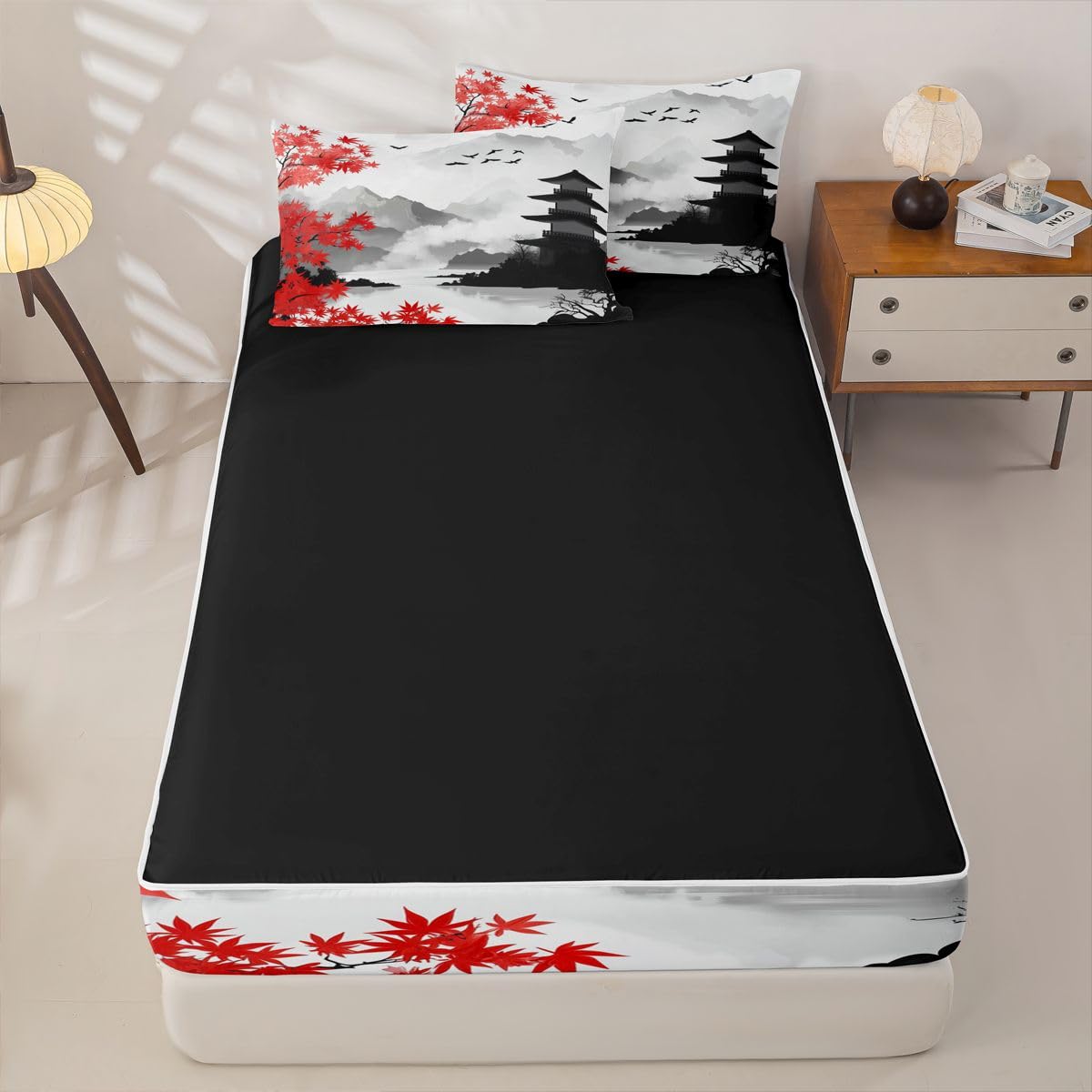 Erosebridal Japanese Ink Painting Kids Comforter Set with Zipper, Traditional Japanese Twin Size Zipper Bedding Set, Red Maple Trees Bed-in-A-Bag