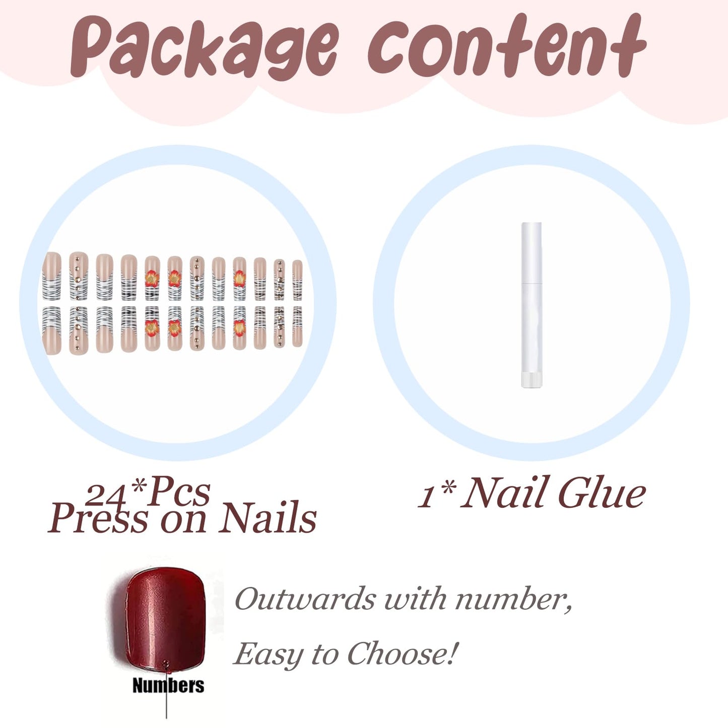 BABALAL Press on Nails Long Square Fake Nails Y2k Zebra White French Tip Glue ons 3D Texture Orange Flower Handmade Supplies with Rhinestone Luxury 24Pcs Wild Fall Glossy Full Cover False Nails