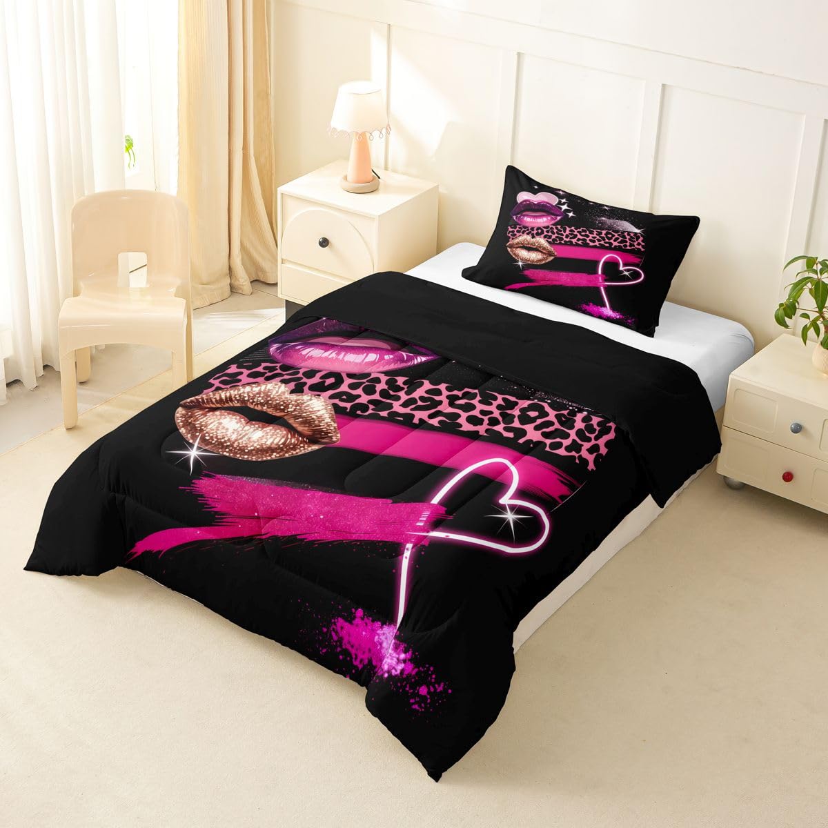 Erosebridal Black Pink Lip Comforter Set Pink Leopard Twin Bedding Sets for Girls Teen Boys Lips Print Comforter Romantic Girly Quilt
