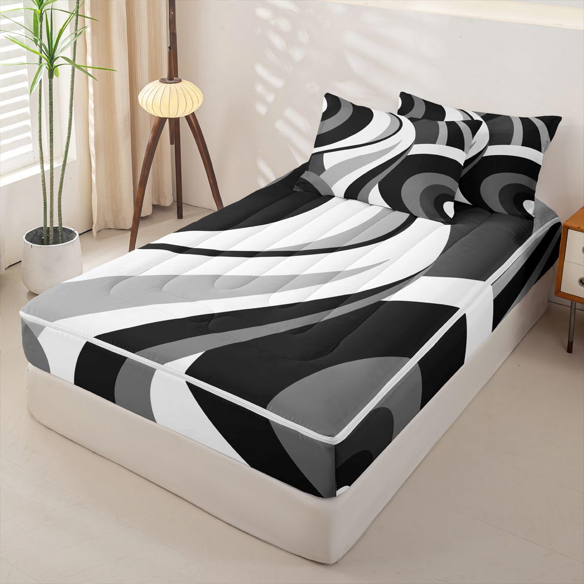 Erosebridal Gray Black White Spiral Zipper Comforter Set Twin for Adult Women Men Modern Swirls Stripes Abstract Bedding Set for Boho Bed in a Bag Graffiti Art Lines Zippered Quilt Fitted Sheet