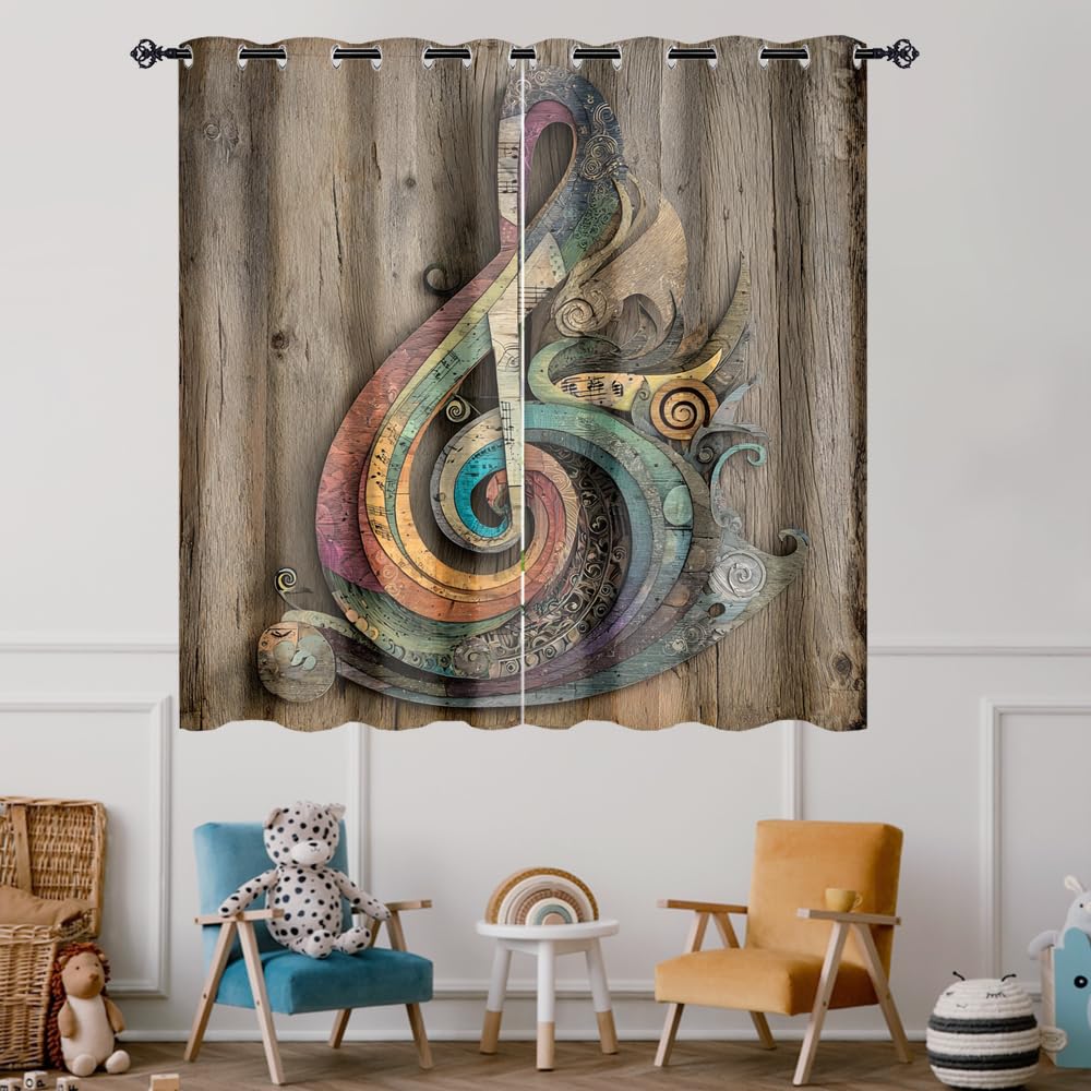 XSUPFLYM Retro Classic Musical Note Privacy Perforated Curtains Modern Realistic Wooden Wall Music Note Curtains Top Grommets Window Treatment 2 Panels.Each 21" W x 45" L