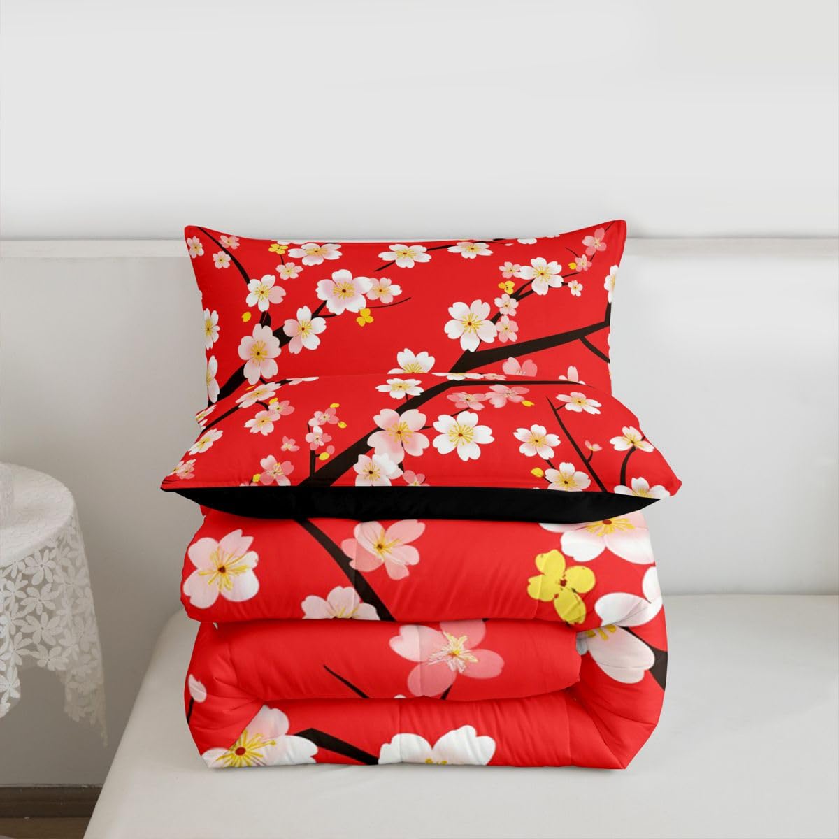 jejeloiu Cherry Blossom Kids Comforter Set Queen Size Japanese Style Bedding Set Chinese Ink Painting Duvet Quilt for Kids Boys Girls Bedroom Plum Blossom Decor Microfiber Ultra Soft Breathable