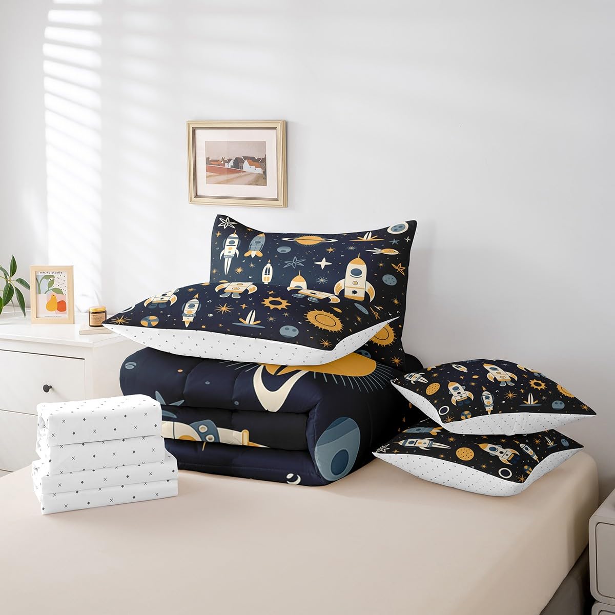 Erosebridal Solar System Full Comforter Set 7-Piece Universe Stars Bedding Sets,Rocket Bed in A Bag for Kids Cartoon Planets Style Bed Sheets Set Lightweight Soft Room Decorative,for All Season