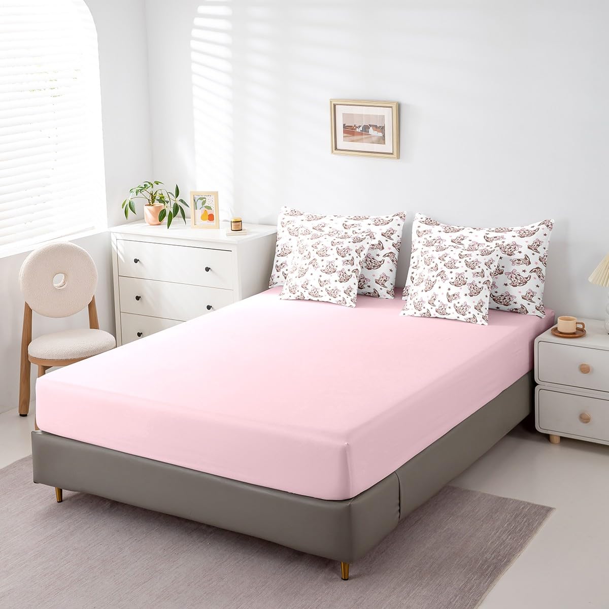 Manfei Cowgirl 7 Pieces Bedding Set Queen,Western Tribal Boots Pink Princess Bowknot White Bed in a Bag for Teens,Rustic Brown Cowhide Starry Comforter Set with Sheets,Pillow Covers