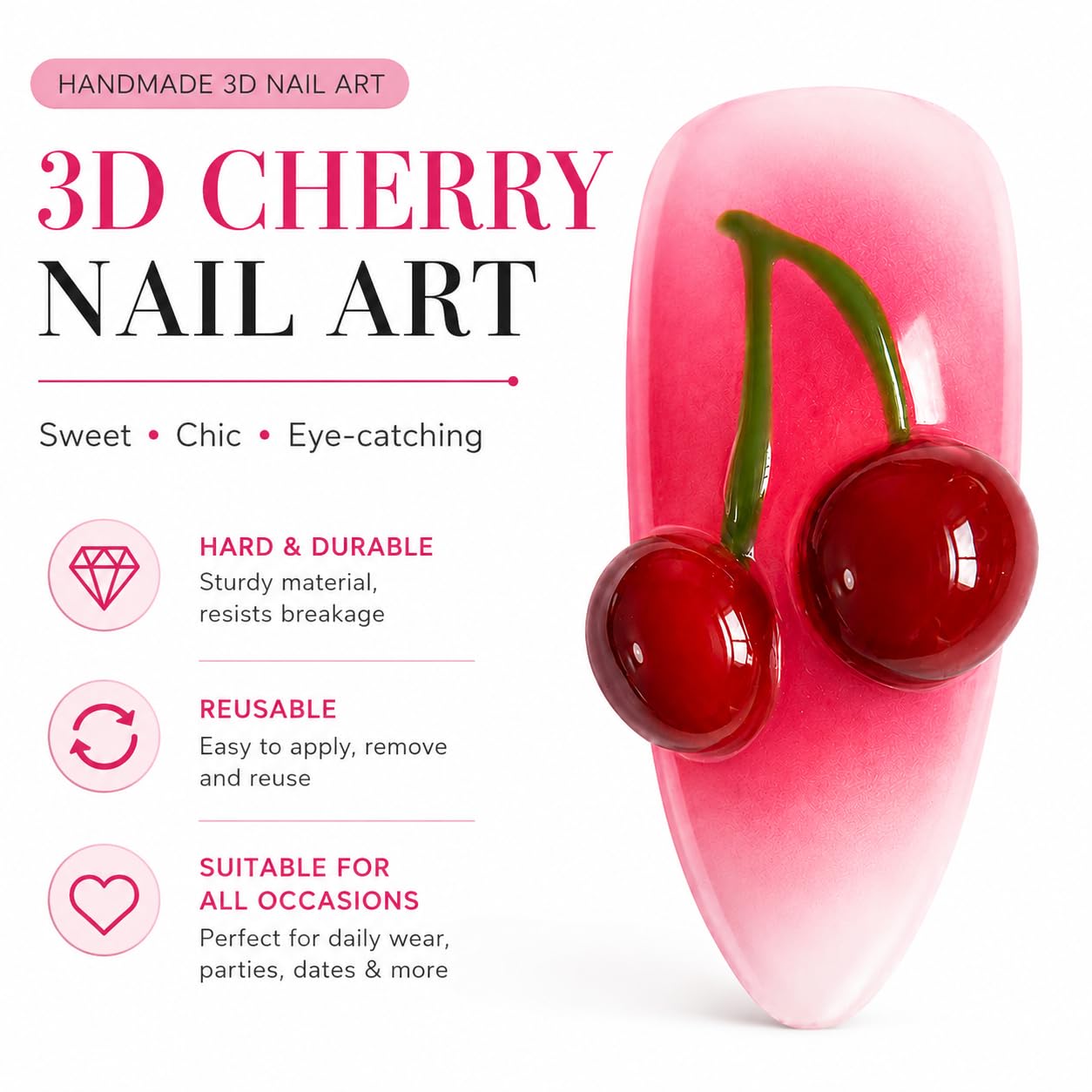 Handcrafted Press On Nails 3D Stereo Fruit and Insect Theme Fun Cherry Strawberry Kiwi Shape 100% Handmade Realistic Artistic Hand Nail Gifts For Women (3D Fruit Insect, Medium M)