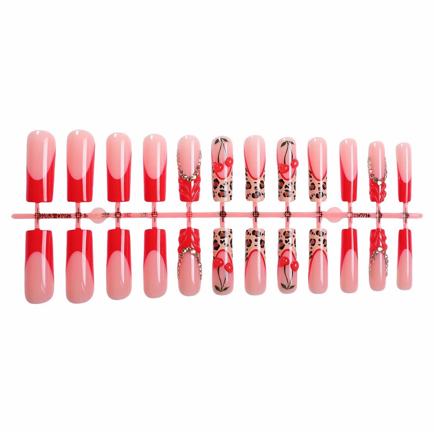 MISUD Press on Nails - Long Square Fake Nails with Red French Tip, Acrylic Cherry Cheetah Design 24 pcs