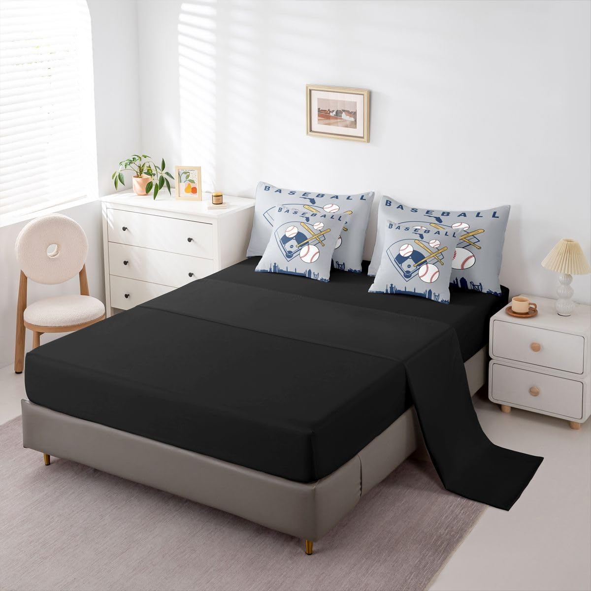 Erosebridal Boys Baseball Full Comforter Set Ball Sports Games 7 Pcs Bedding Set for Kids Teens Baseball Bat Bed in A Bag Softball City Building Sheet Sets for Youth Men Adult Bedroom