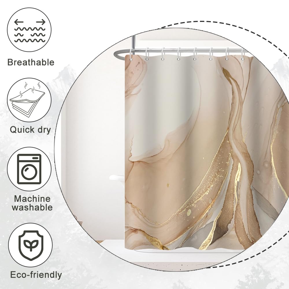 Ruelvth Brown Shower Curtain, Modern Brown Gold Grey Marble Shower Curtain for Bathroom Aesthetic Ink Texture Waterproof Shower Curtain Set with Hooks, 72x72 Inch