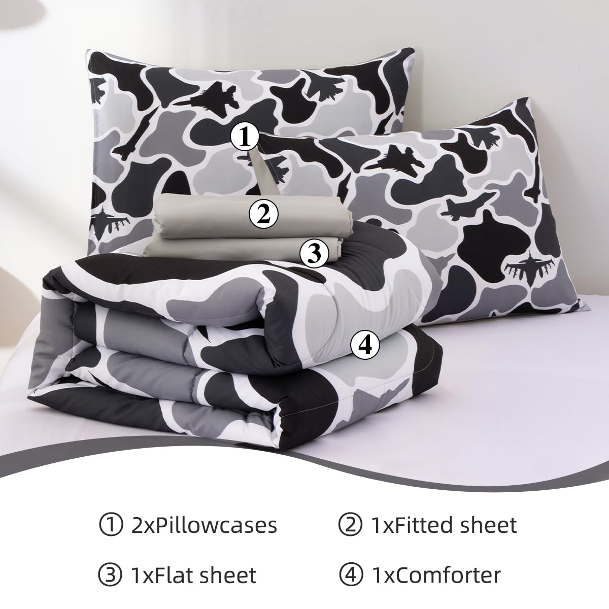 Holawakaka Kids Teens Fighter Jet Camouflage Bedding Set, 5-Piece Queen Size Comforter Set with Sheets, Aircraft & Camo Print Bed in A Bag for Boys, Men's Bedroom, Dorm, Loft