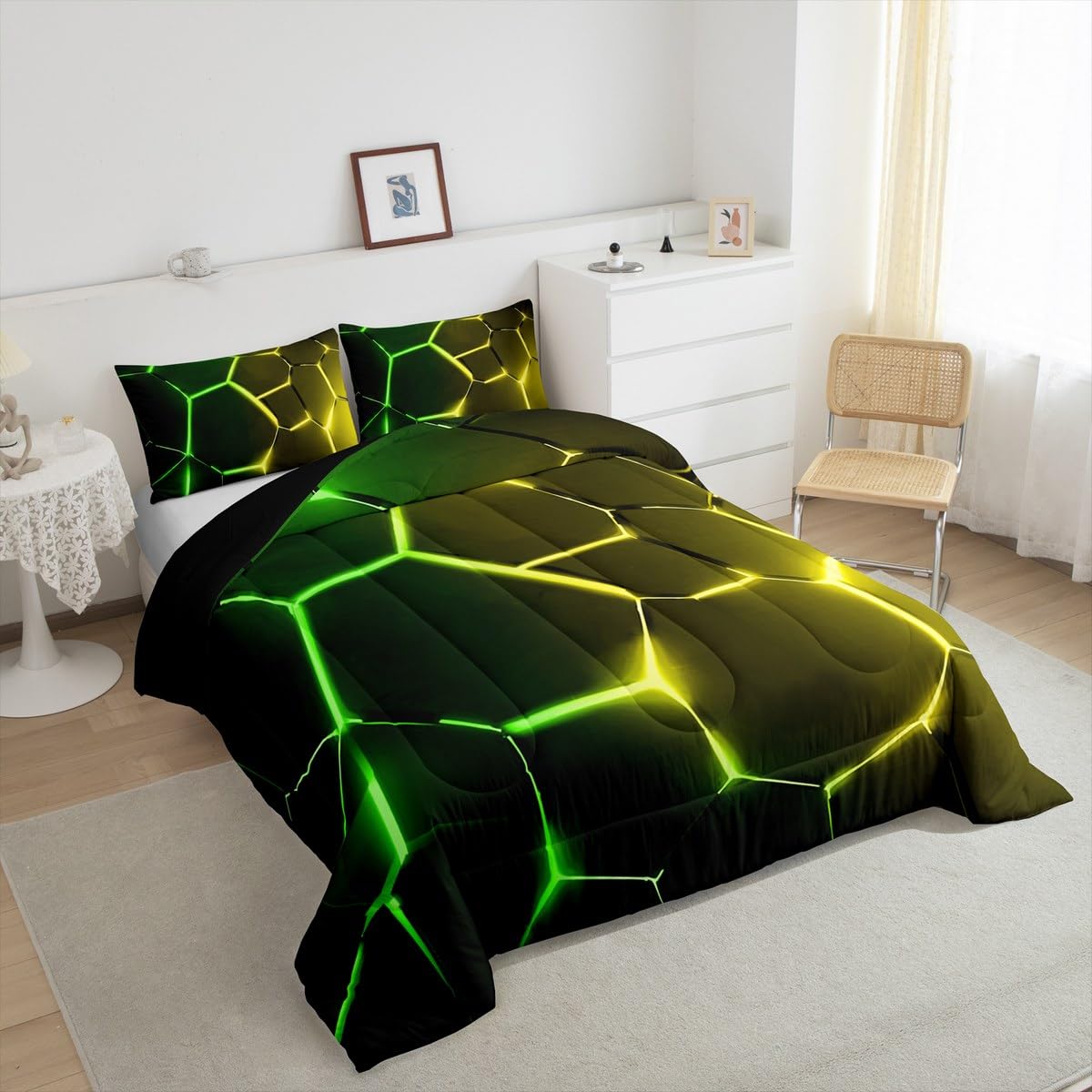 Feelyou Honeycomb Comforter Green Yellow Hexagonal Print Bedding Set for Kids Boys Girls Children Beehive Geometrical Comforter Set Ultra Soft Decor Reticulated Duvet Set Twin Size