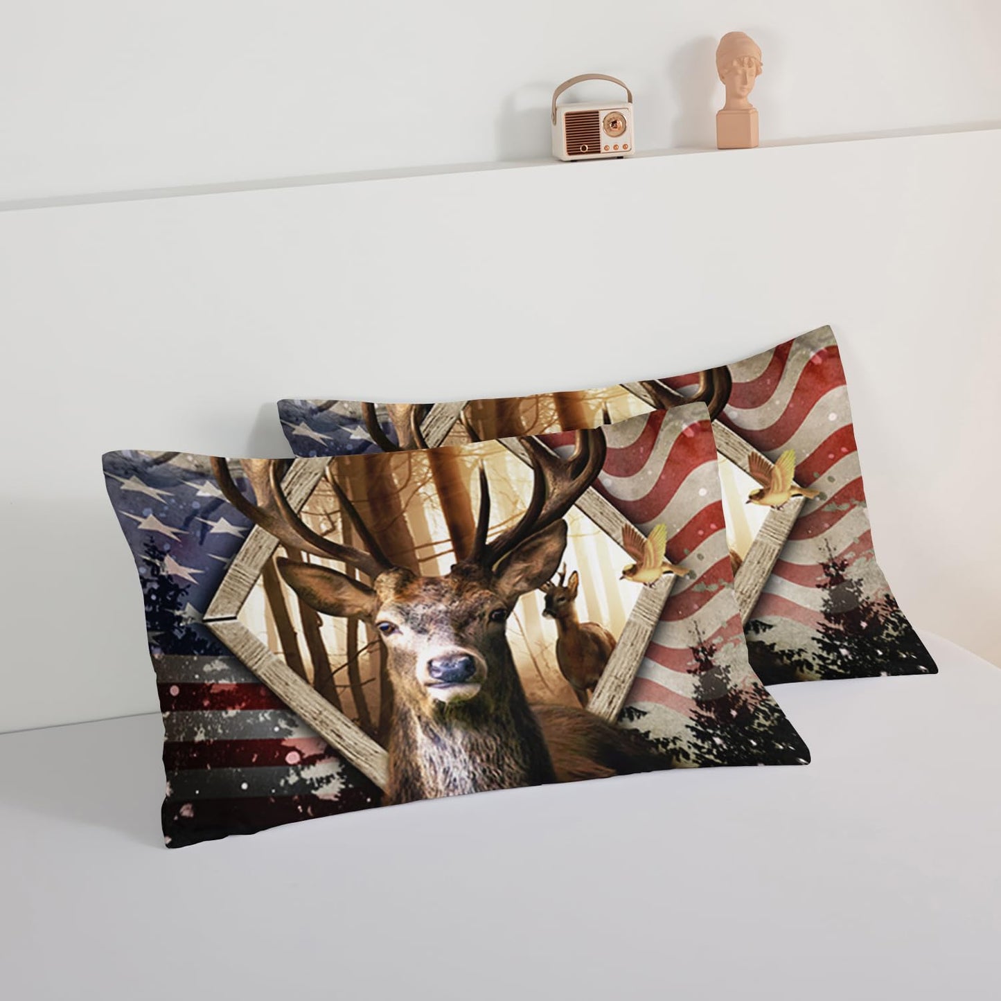 HOSIMA Hunting Bedding Sets 3Pcs Deer Comforter with 2 Pillowcases,Western Farmhouse Animal Hunting Stars Stripes USA Flag Full Size Comforter for Teen Boys Mens Bedroom Essentials RV Inside Decor.