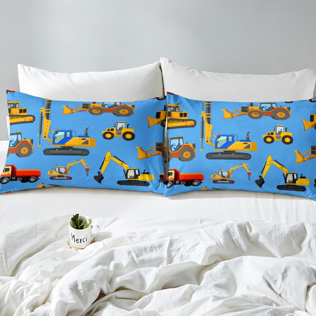 Kids Excavator Bedding Set, Construction Equipment Bed Sheets, Yellow Truck Print Fitted Sheet, Child Boys Girls Tractor Pattern Bedroom 2 Piece Bedding Set with 1 Pillow Sham, Twin Size, Blue