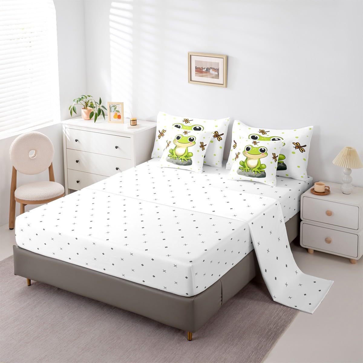 Erosebridal Kids Cartoon Frog 7 Piece Bedding Set Full Dragonfly Comforter Set with Sheets Reptile Animal Bed in A Bag Gray Stone Pattern Bed Sets
