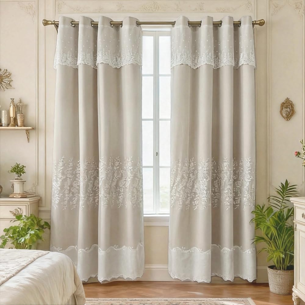 Amidoudou 1 Pair European Double Layer Curtains for Living Room Bedroom Luxury Flower Embroidered Curtains with Valance (Beige,66x96 Inch)