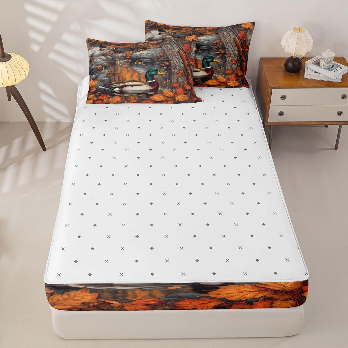 jejeloiu Mallard Duck Twin Zipper Bedding Set Hunting Wildlife Kids Comforter Set with Fitted Sheet and 2 Pillowcases Autumn Pond Bed in a Bag Duck Zip Up Bedding Soft Microfiber
