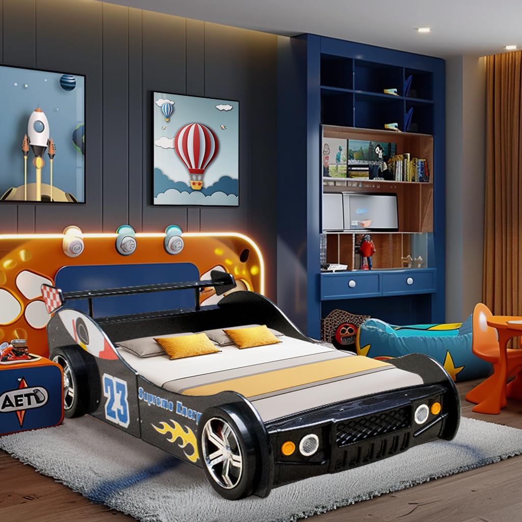 LKTART Car Bed Twin Size for Kids, Race Car Shaped Wooden Platform Bed Frame with Headboard Wheels and Support Slats for Boys Toddlers Child's Bedroom (Black)