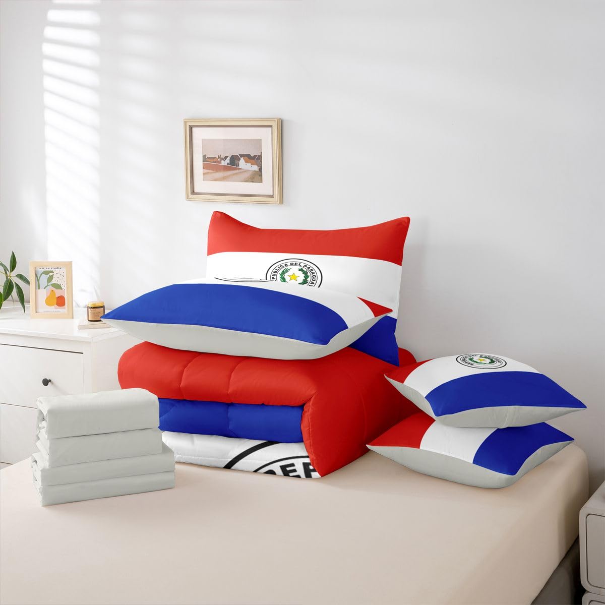 Feelyou Paraguayan Flag Comforter Set King Size 7 Pieces Paraguay Bedding Set for Kids Boys Girls World Countries Bed in a Bag with Sheets Bedroom Decor All Season Quilted Breathable Soft Lightweight