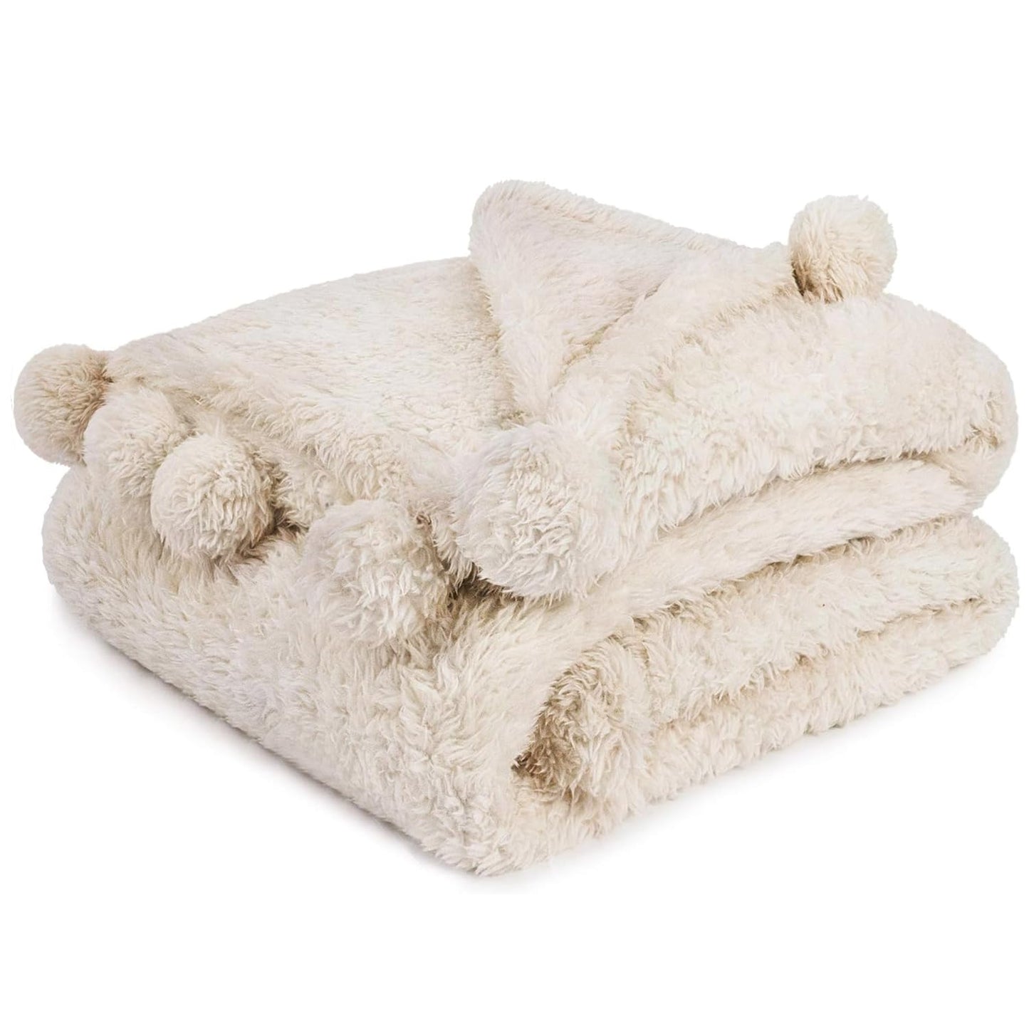 PAVILIA Pom Pom Throw Blanket for Couch, Soft Sherpa Blanket with Pompom, Warm Fluffy Plush Throw for Bed Sofa, Lightweight Decorative Gift for Women Mom Her, Beige, 50x60