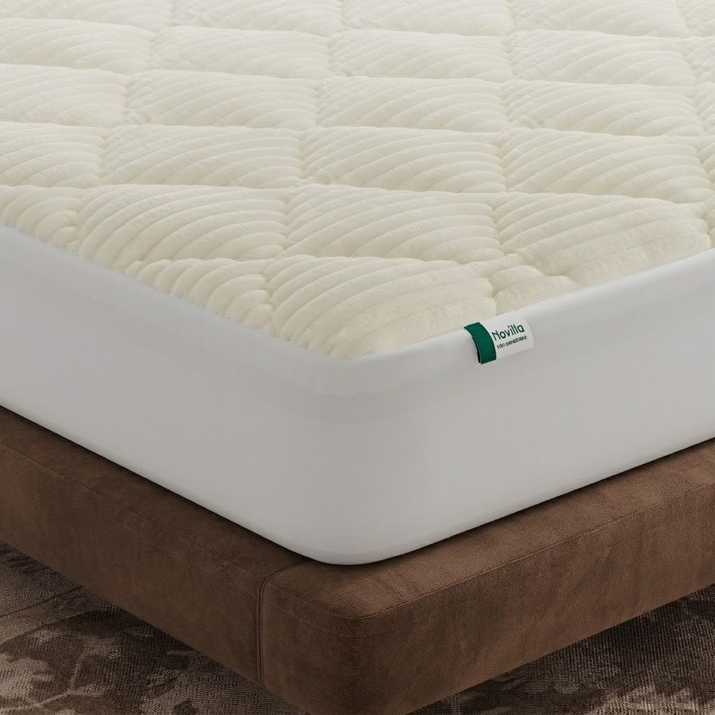 Novilla King Flannel Mattress Topper, Ultra Soft Faux Fur Mattress Pad with Deep Pocket, Quilted Thickened Warm Bed Topper for Winter, Fits 8-21" Mattress, Machine Washable, White