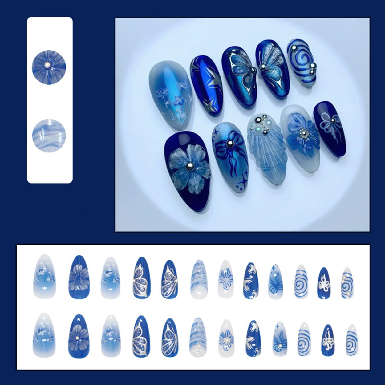 Press on Nails Almond Medium Blue Fake Nails French Tip False Nails Press ons with Butterfly Design Glue on Nails Artificial Acrylic Nail Art Glossy Full Cover Stick on Nail Supplies for Women 24Pcs