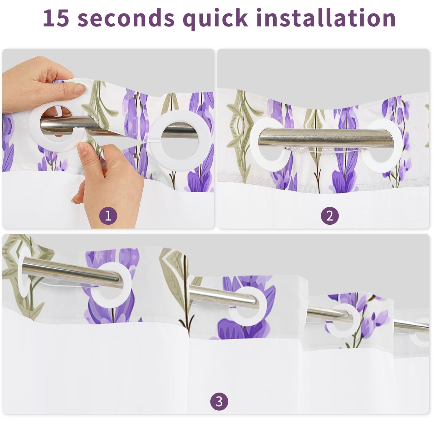 Leowefowa No Hook Shower Curtain and Waterproof Liner Set, Lavender Botanical Bath Curtain, Purple Watercolor Print, Light Fabric Bathroom Curtain with See Through Mesh Top Window, 71x74 Inch