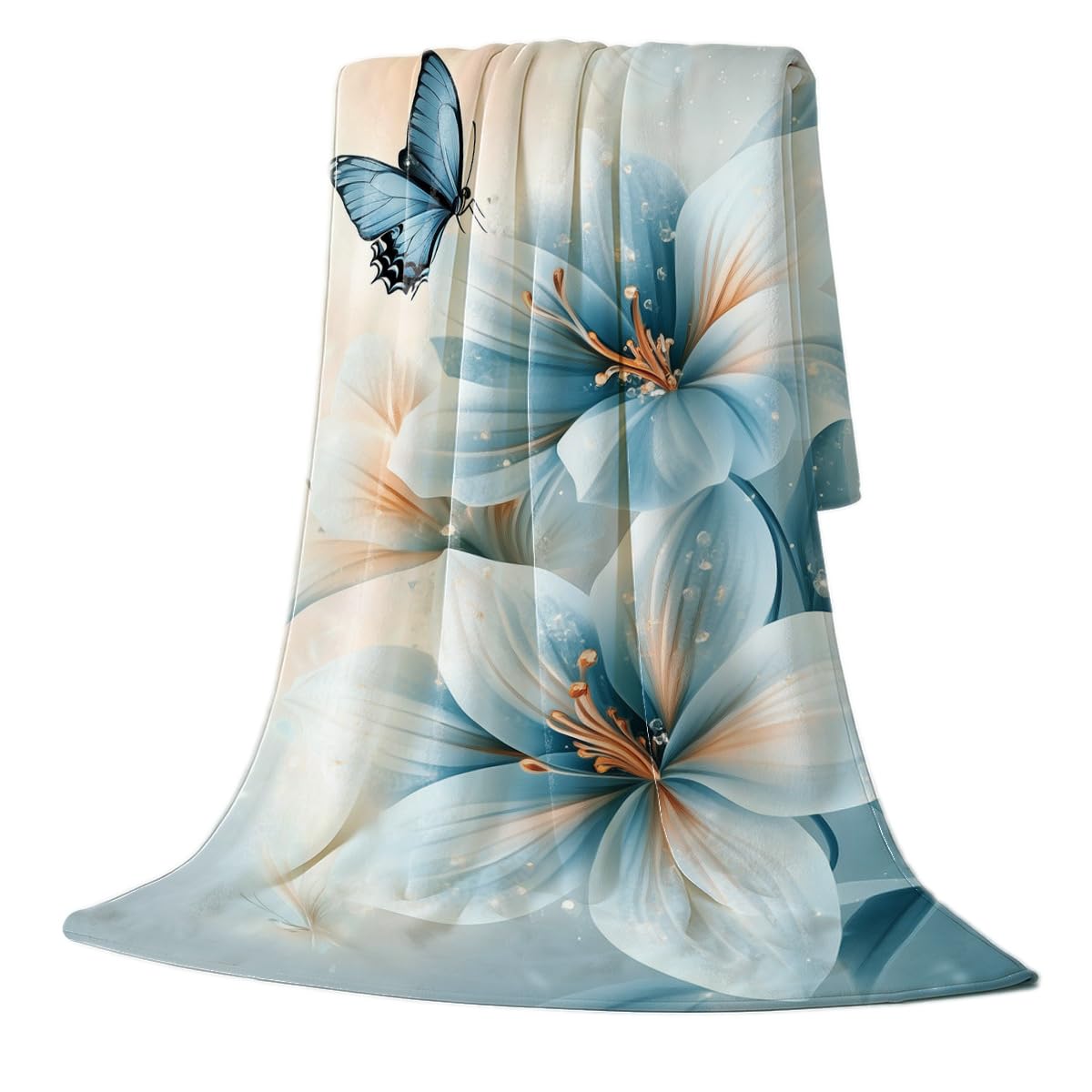HUNXIAOJ Butterfly Blanket Blue Flannel Throw Flower and Butterfly Throw Blanket Girls Bedroom Decor Butterflies Gift for Women Girl Kids 49"x59"