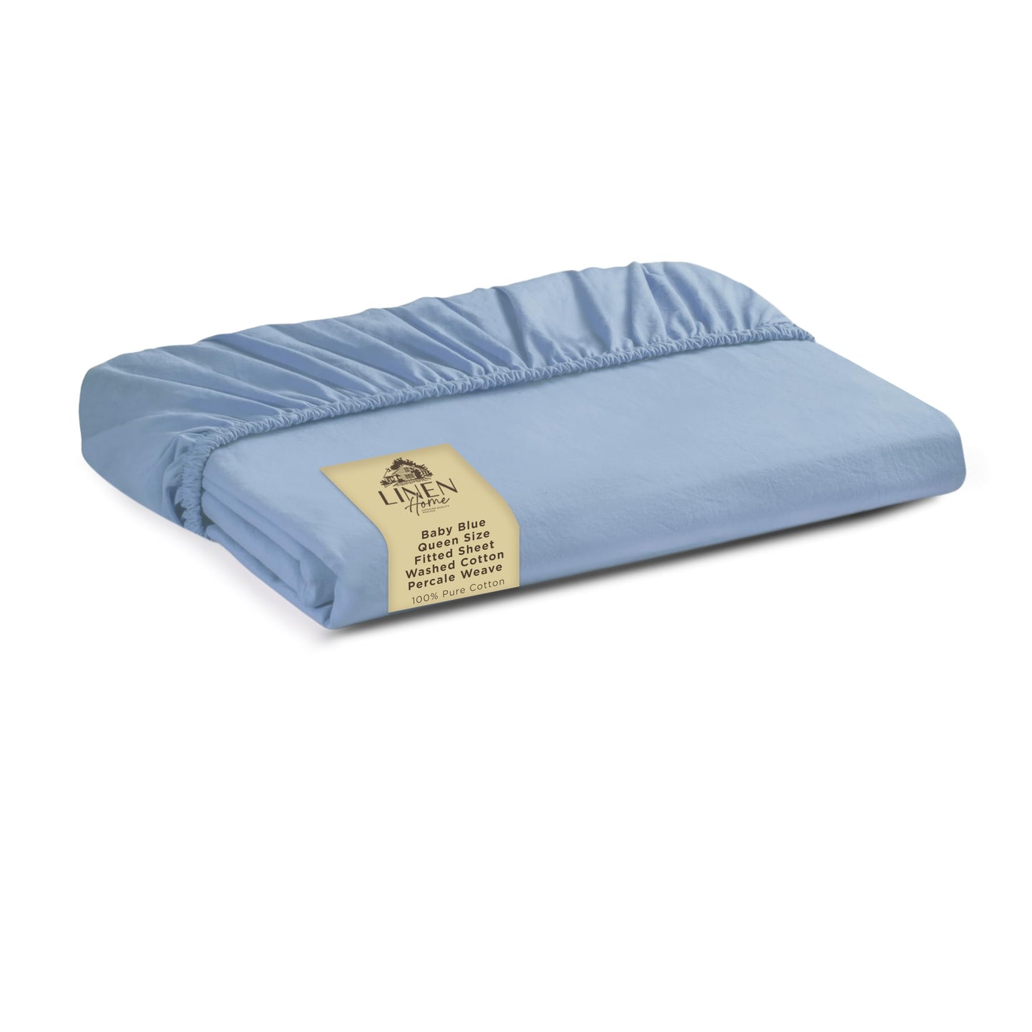 Linen Home Washed Cotton Percale Fitted Sheet Queen Size, ICY Blue, 1 Deep Pocket Fitted Sheet, Soft and Cool Strong Bed Linen, 60"X80"+14"