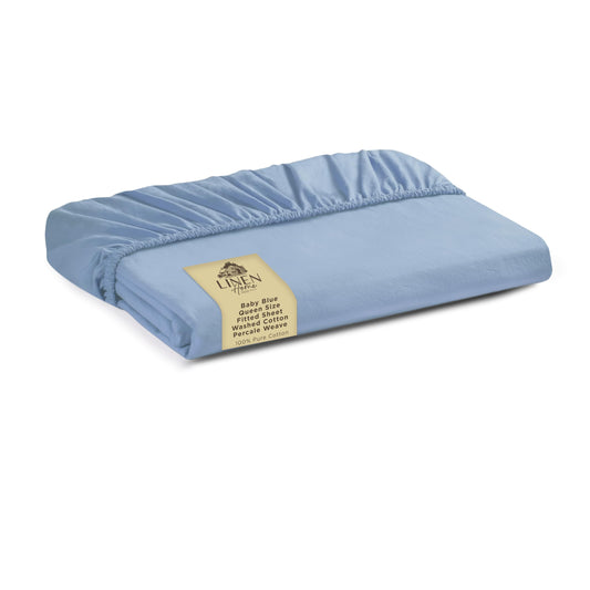 Linen Home Washed Cotton Percale Fitted Sheet Queen Size, ICY Blue, 1 Deep Pocket Fitted Sheet, Soft and Cool Strong Bed Linen, 60"X80"+14"