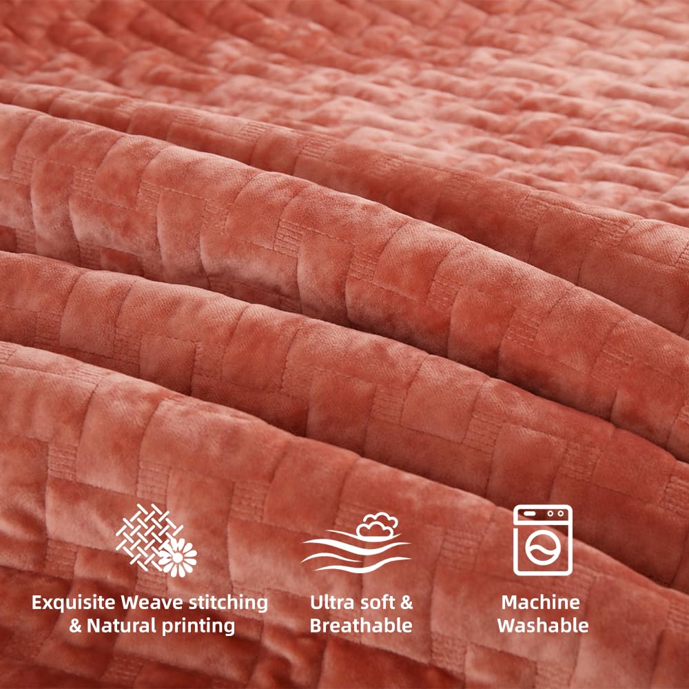 Liians Velvet Bedspread Quilt Bedding Sets,Luxury Elegant Ultra Soft Velvet Comforters Coverlet Blankets,Weave Stitching Pattern Cotton Quilted Bedspread for All Seasons,Orange,King Size