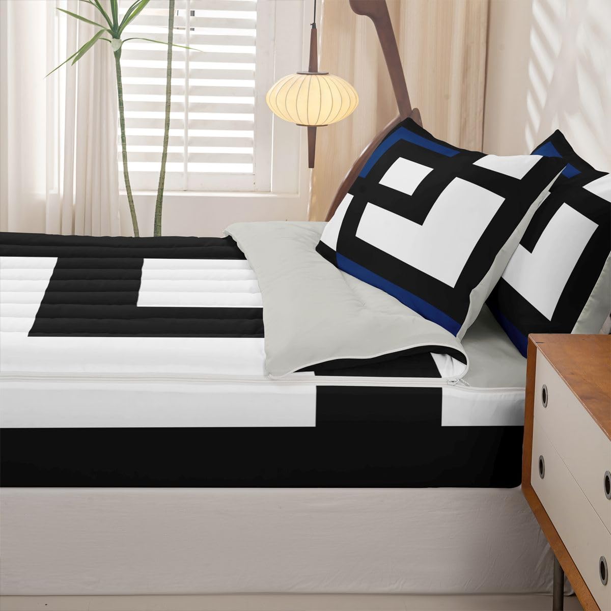 Erosebridal Blue Black and White Striped Zipper Comforter Set Twin Square Abstract Bedding Set Modern Stripes Bold Lines Bed in a Bag Minimalist Stylish Plaids Zippered Quilt Fitted Sheet