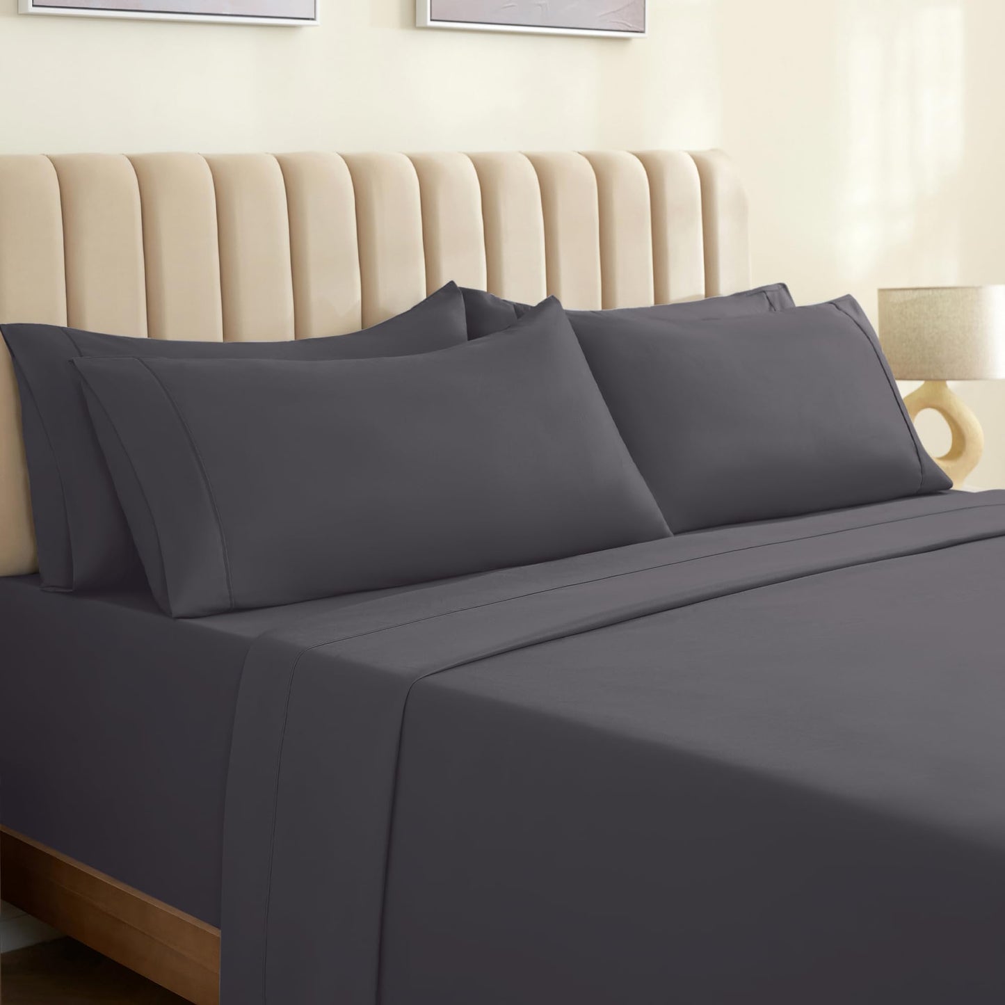 LuxClub 6 PC Queen Sheet Set, Sheets Queen Size, Deep Pockets 18" Eco Friendly Wrinkle Free Cooling Sheets Machine Washable Hotel Bedding Silky Soft - Dark Grey Queen