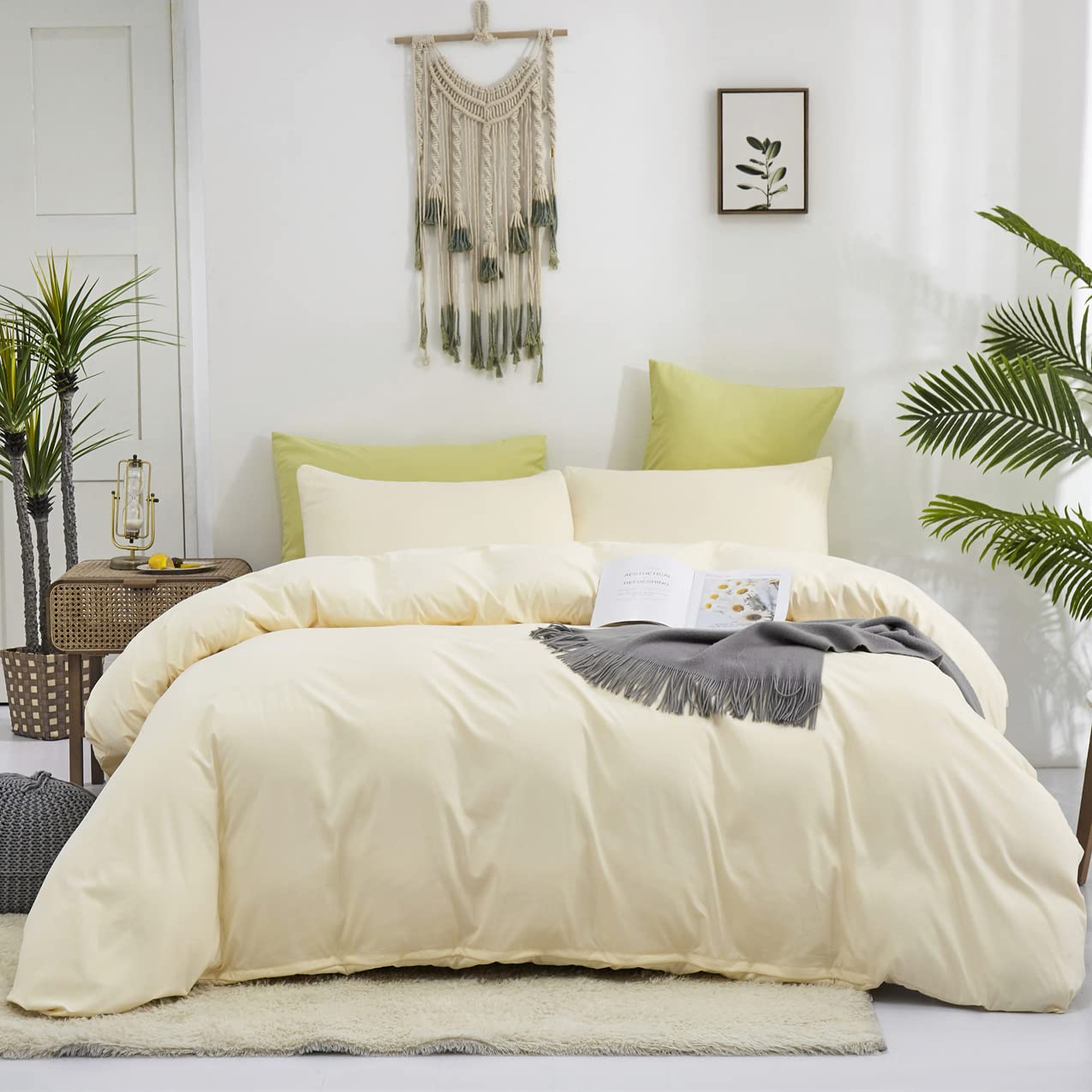 KAREVER Light Yellow Comforter Set Full Ivory Bedding Set Men Breathable Beige Bedding Set Women Soft Off White Ivory Bedding Comforter Set Full Size Comforter