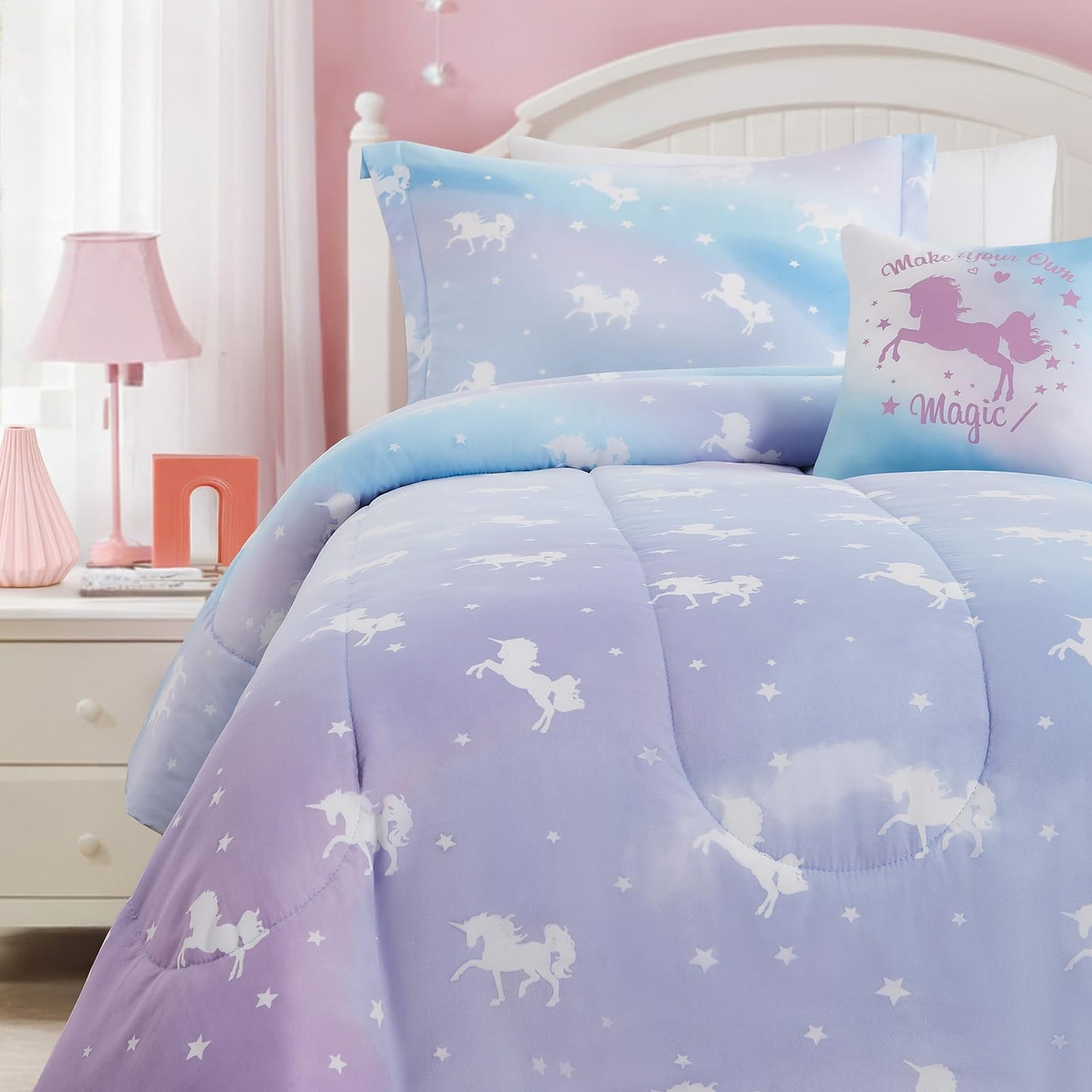 Wink Deer Twin Comforter Set for Girls-3 Pieces Unicorn Glow in the Dark Twin Bedding Sets for Kids,1 Comforter,1 Sham and 1 Decor Pillow