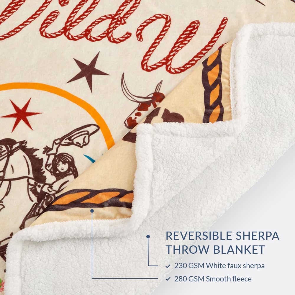 Paseo Road Indigo Hill by HiEnd Accents Retro Rodeo 3 Piece Sherpa Throw Blanket Set, Cowgirl Cow Print, Western Blanket with Riders Salute Print Pillows, Southwest Style, 1 Throw and 2 Pillows