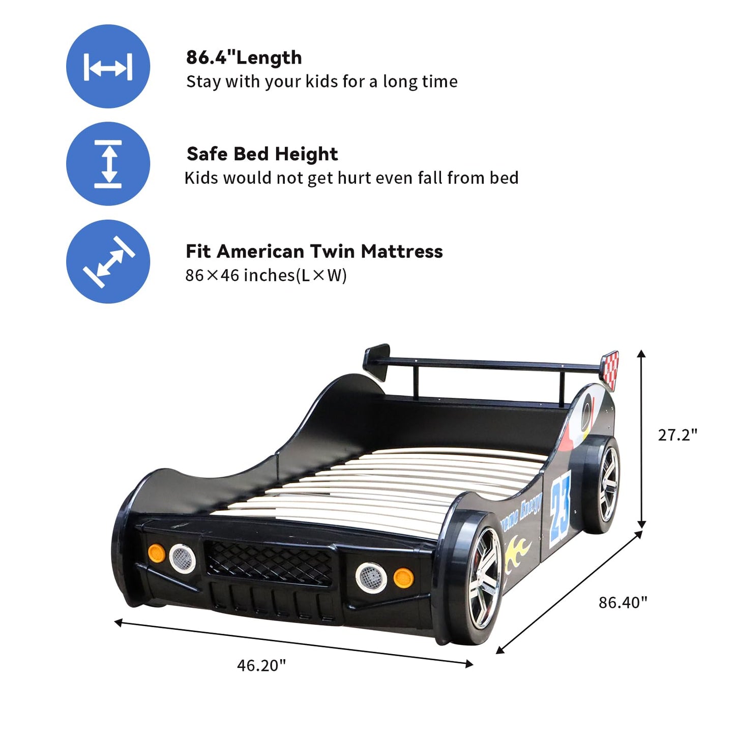 LKTART Car Bed Twin Size for Kids, Race Car Shaped Wooden Platform Bed Frame with Headboard Wheels and Support Slats for Boys Toddlers Child's Bedroom (Black)